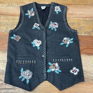 Vintage Together Womens Large Wool Floral Embroidered Vest gray